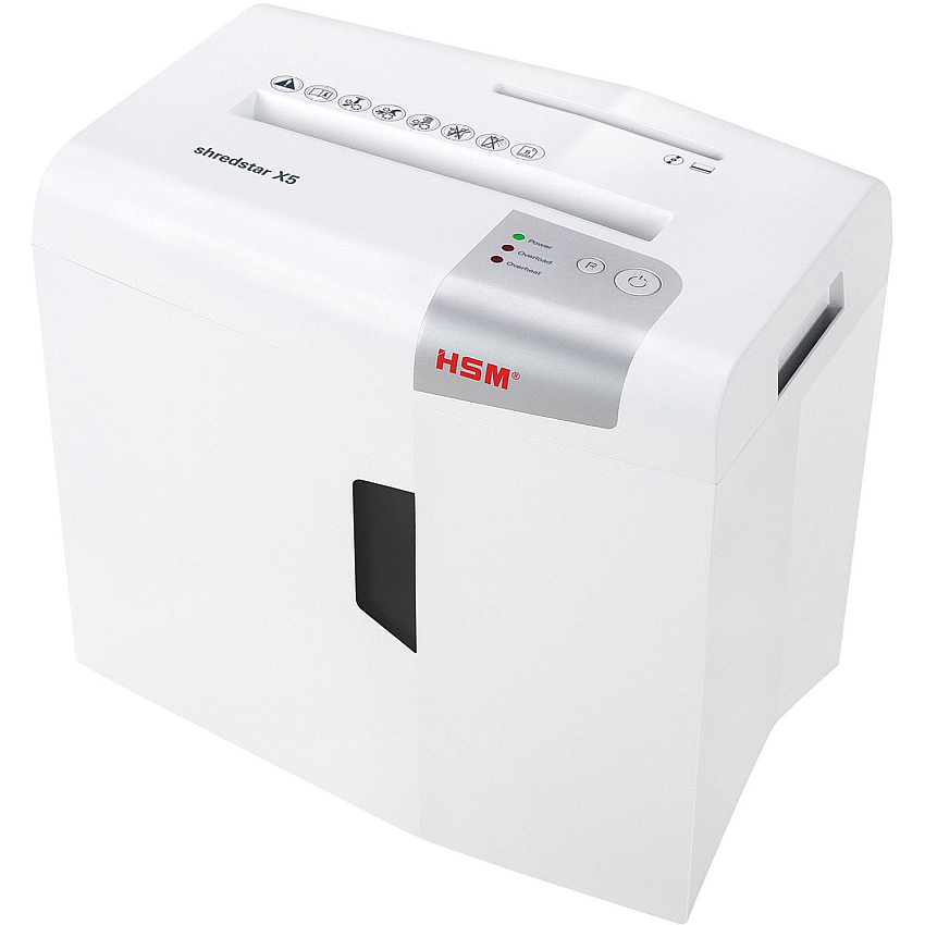 HSM Shredstar X5 Shredder Particle Cut - 5 Per Pass - for shredding CD, DVD, Paper, Staples, Paper Clip, Credit Card - 0.188" x 1.125" Shred Size - P-4/O-1/T-2/E-2/F-1 - 8.66" Throat - 4.80 gal Wastebin Capacity - White (1043123)