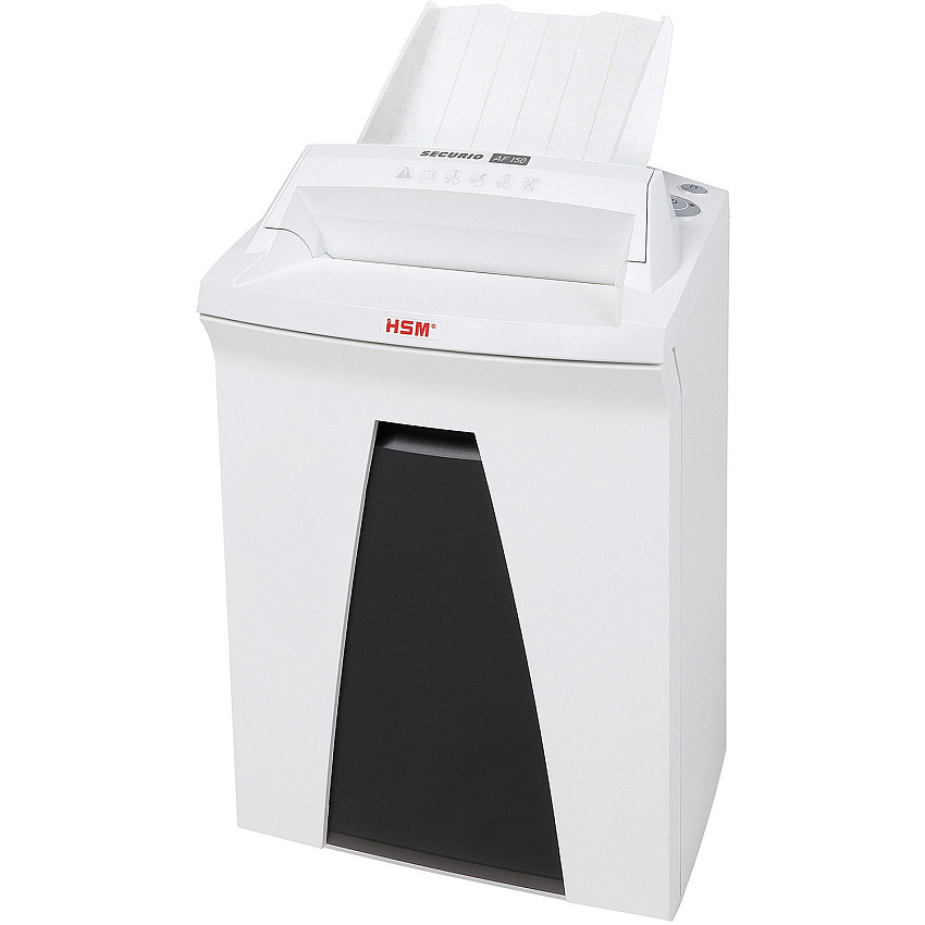 HSM SECURIO AF150 - 1/16" x 5/8" Continuous Shredder - Particle Cut - 7 Per Pass - for shredding Staples, Paper, Paper Clip, Credit Card - 0.187" x 1.250" Shred Size - P-5/T-5/E-4/F-2 - 9.45" Throat - 9.20 gal Wastebin Capacity - White - 1 Each (2082113)