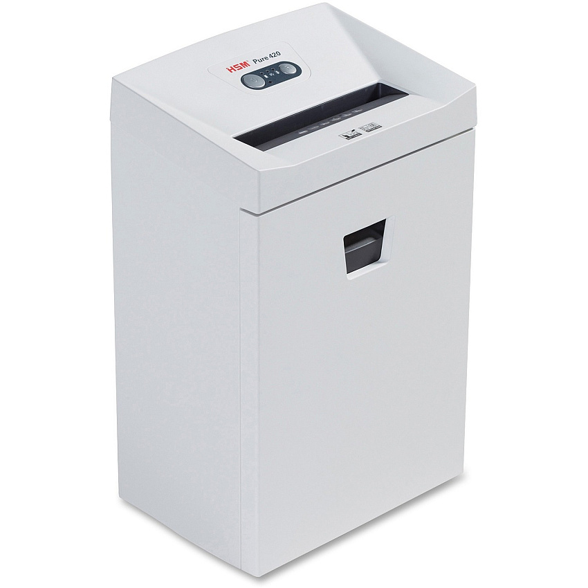 HSM Pure 420 - 1/4" Continuous Shredder - Strip Cut - 24 Per Pass - for shredding Staples, Paper, Paper Clip, Credit Card, CD, DVD - 0.250" Shred Size - P-2/O-2/T-2/E-2 - 9.45" Throat - 9.20 gal Wastebin Capacity - White - TAA Compliant (2341113)