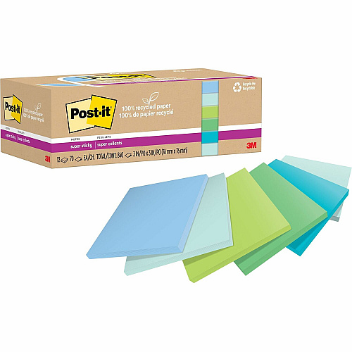 Post-it&reg; Recycled Super Sticky Notes 70 - 3" Flag/Note Width x 3" Flag/Note Length - Square - 70 Sheets per Pad - Assorted Oasis - Adhesive - Recycled - 12 / Pack (654R12SST)