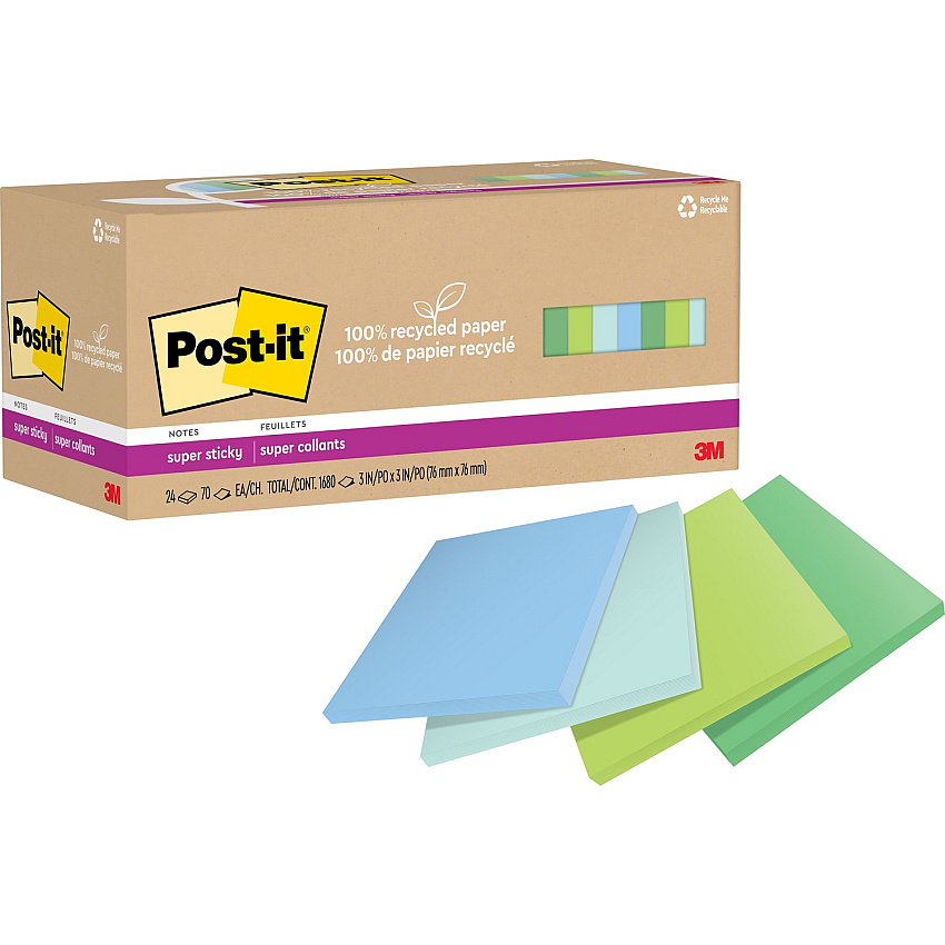 Post-it&reg; Recycled Super Sticky Notes 70 - 3" Flag/Note Width x 3" Flag/Note Length - Square - 70 Sheets per Pad - Unruled - Assorted Oasis - Paper - Adhesive - Recycled - 24 / Pack (654R24SSTCP)