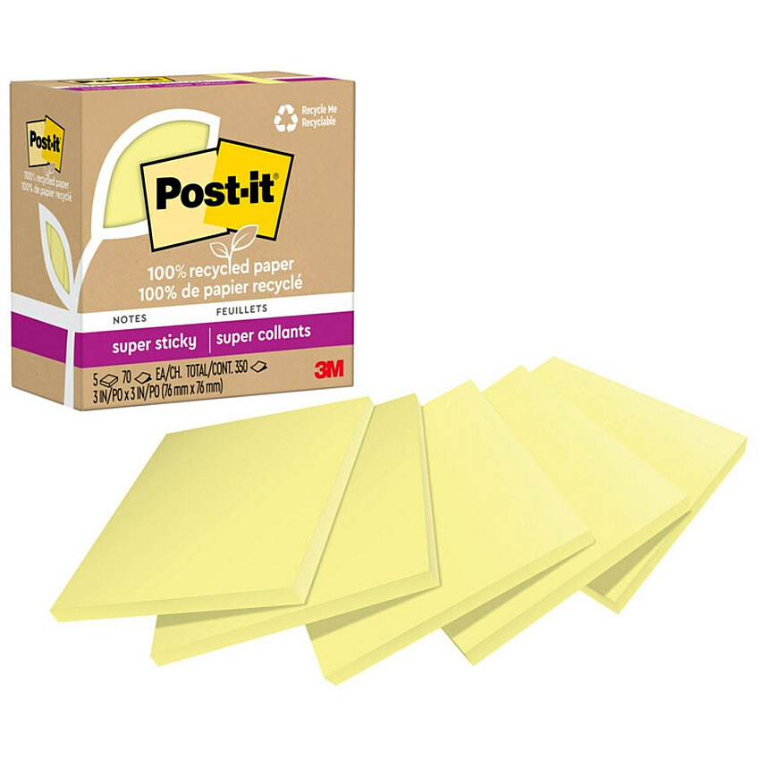 Post-it&reg; Recycled Super Sticky Notes 70 - 3" Flag/Note Width x 3" Flag/Note Length - Square - 70 Sheets per Pad - Canary Yellow - Adhesive - Recycled - 5 / Pack (654R5SSCY)