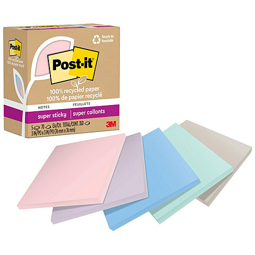 Post-it&reg; Recycled Super Sticky Notes 70 - 3" Flag/Note Width x 3" Flag/Note Length - Square - 70 Sheets per Pad - Wanderlust Pastels - Adhesive - Recycled - 5 / Pack (654R5SSNRP)