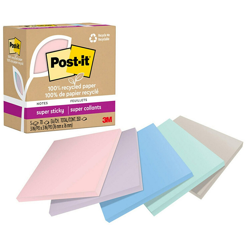 Post-it&reg; Recycled Super Sticky Notes 70 - 3" Flag/Note Width x 3" Flag/Note Length - Square - 70 Sheets per Pad - Wanderlust Pastels - Adhesive - Recycled - 5 / Pack (654R5SSNRP)