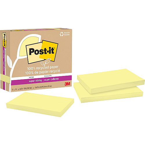 Post-it&reg; Recycled Super Sticky Notes 90 - 3" Flag/Note Width x 5" Flag/Note Length - Rectangle - 90 Sheets per Pad - Canary Yellow - Adhesive - Recycled - 12 / Pack (655R12SSCY)