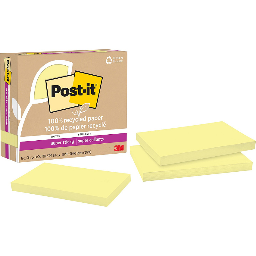 Post-it&reg; Recycled Super Sticky Notes 90 - 3" Flag/Note Width x 5" Flag/Note Length - Rectangle - 90 Sheets per Pad - Canary Yellow - Adhesive - Recycled - 12 / Pack (655R12SSCY)