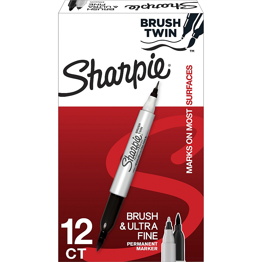 Sharpie Brush Twin Permanent Markers Fine, Broad, Ultra Fine Marker Point - Black - 12 / Dozen (2151734)