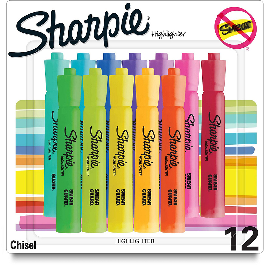 Sharpie SmearGuard Tank Style Highlighters Wide Chisel, Narrow Narrow Marker Point - Assorted Ink - 12 / Pack (2157492)