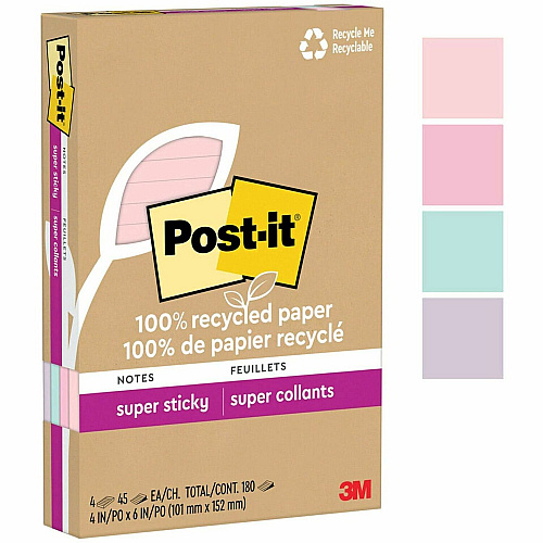 Post-it&reg; Super Sticky Adhesive Note 4" Flag/Note Width x 6" Flag/Note Length - Rectangle - 45 Sheets per Pad - Assorted Wanderlust Pastel - Repositionable - Recycled - 4 / Pack (4621R4SSNRP)