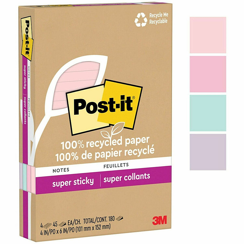 Post-it&reg; Super Sticky Adhesive Note 4" Flag/Note Width x 6" Flag/Note Length - Rectangle - 45 Sheets per Pad - Assorted Wanderlust Pastel - Repositionable - Recycled - 4 / Pack (4621R4SSNRP)