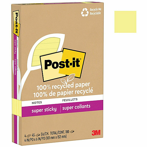 Post-it&reg; Super Sticky Adhesive Note 4" Flag/Note Width x 6" Flag/Note Length - Rectangle - 45 Sheets per Pad - Canary Yellow - Repositionable - Recycled - 4 / Pack (4621R4SSCY)