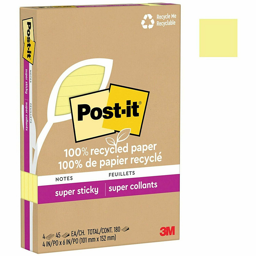 Post-it&reg; Super Sticky Adhesive Note 4" Flag/Note Width x 6" Flag/Note Length - Rectangle - 45 Sheets per Pad - Canary Yellow - Repositionable - Recycled - 4 / Pack (4621R4SSCY)