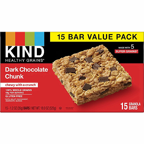 KIND Healthy Grains Bars Trans Fat Free, Gluten-free, Low Sodium, Cholesterol-free - Dark Chocolate Chunk - 1.20 oz - 15 / Box (25283)