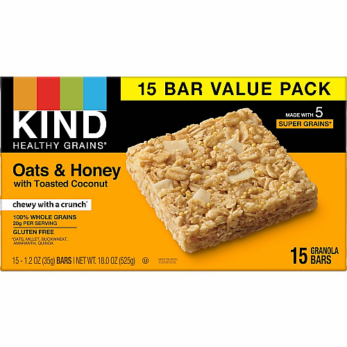 KIND Healthy Grains Bars Trans Fat Free, Gluten-free, Low Sodium, Cholesterol-free - Oats & Honey with Toasted Coconut - 1.20 oz - 15 / Box (26825)