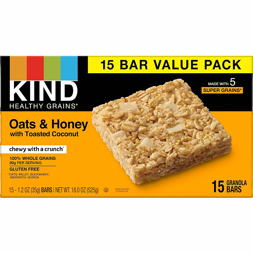 KIND Healthy Grains Bars Trans Fat Free, Gluten-free, Low Sodium, Cholesterol-free - Oats & Honey with Toasted Coconut - 1.20 oz - 15 / Box (26825)