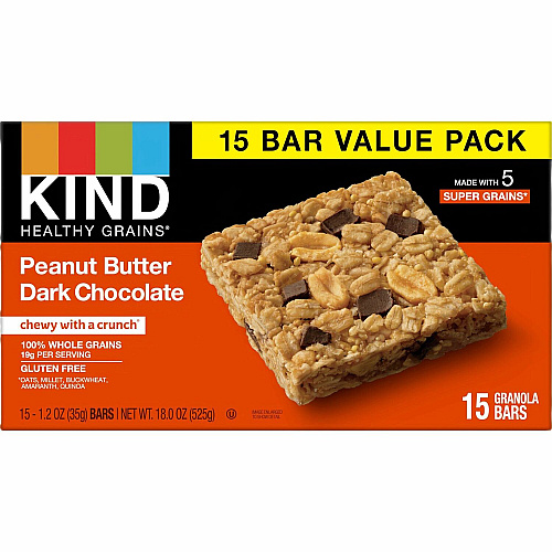 KIND Healthy Grains Bars Trans Fat Free, Gluten-free, Low Sodium, Cholesterol-free - Peanut Butter Dark Chocolate - 1.20 oz - 15 / Box (25284)
