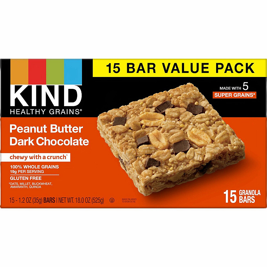 KIND Healthy Grains Bars Trans Fat Free, Gluten-free, Low Sodium, Cholesterol-free - Peanut Butter Dark Chocolate - 1.20 oz - 15 / Box (25284)