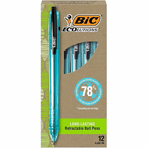 BIC Ecolutions Ballpoint Pen 1 mm Medium Pen Point - Refillable - Retractable - Black Ink - Semi Clear Barrel - 1 Dozen (BPRR11BK)