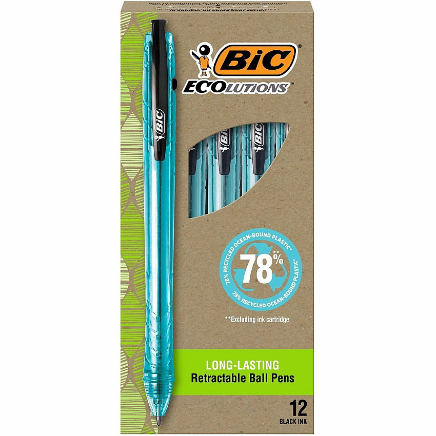 BIC Ecolutions Ballpoint Pen 1 mm Medium Pen Point - Refillable - Retractable - Black Ink - Semi Clear Barrel - 1 Dozen (BPRR11BK)
