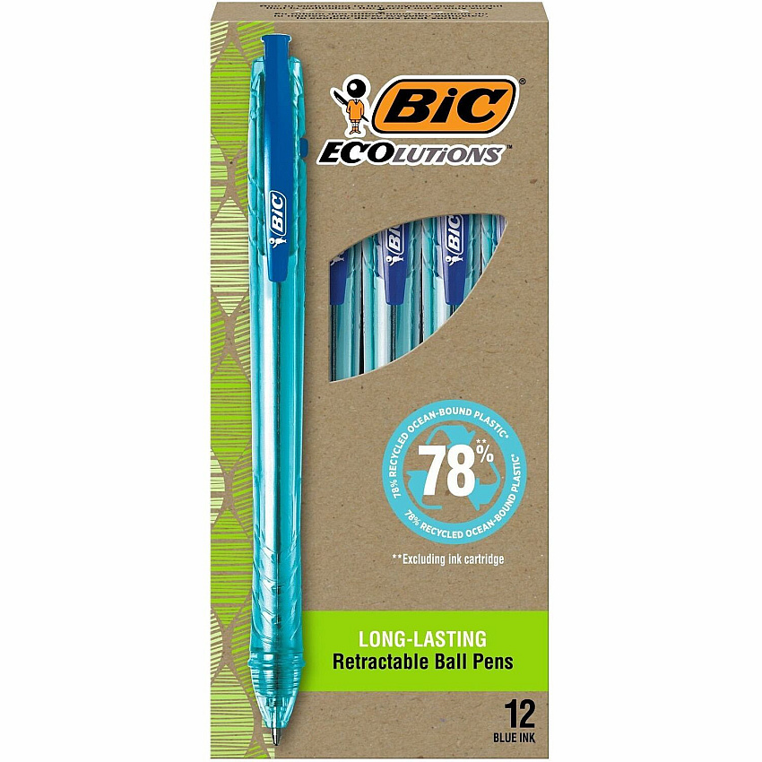 BIC Ecolutions Ballpoint Pen 1 mm Medium Pen Point - Retractable - Blue Ink - Semi Clear Barrel - 1 Dozen (BPRR11BE)