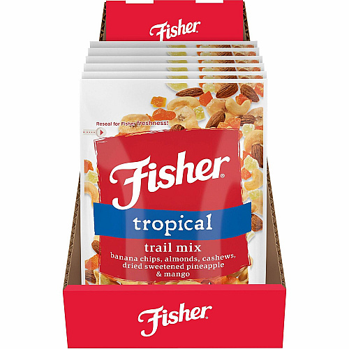 Fisher Tropical Trail Mix No Artificial Color, Resealable Bag - Banana, Almond, Cashew, Pineapple, Mango - 1 Serving Bag - 3.50 oz - 6 / Carton (P27165)