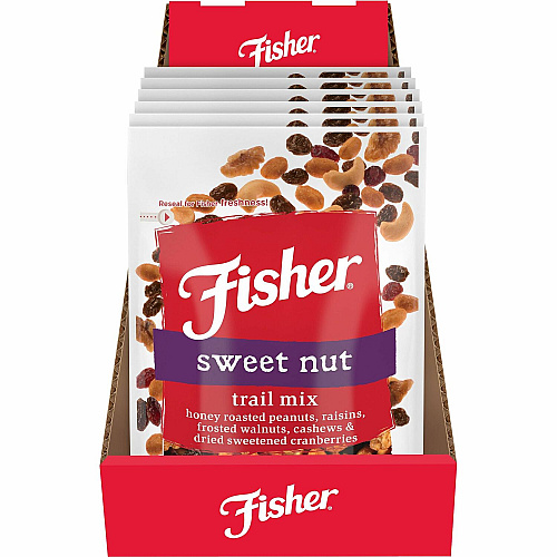 Fisher Sweet Nut Mix Resealable Bag - Honey Roasted Peanut, Raisin, Walnut, Cashew, Dried Cranberries - 1 Serving Bag - 4 oz - 6 / Carton (P27169)