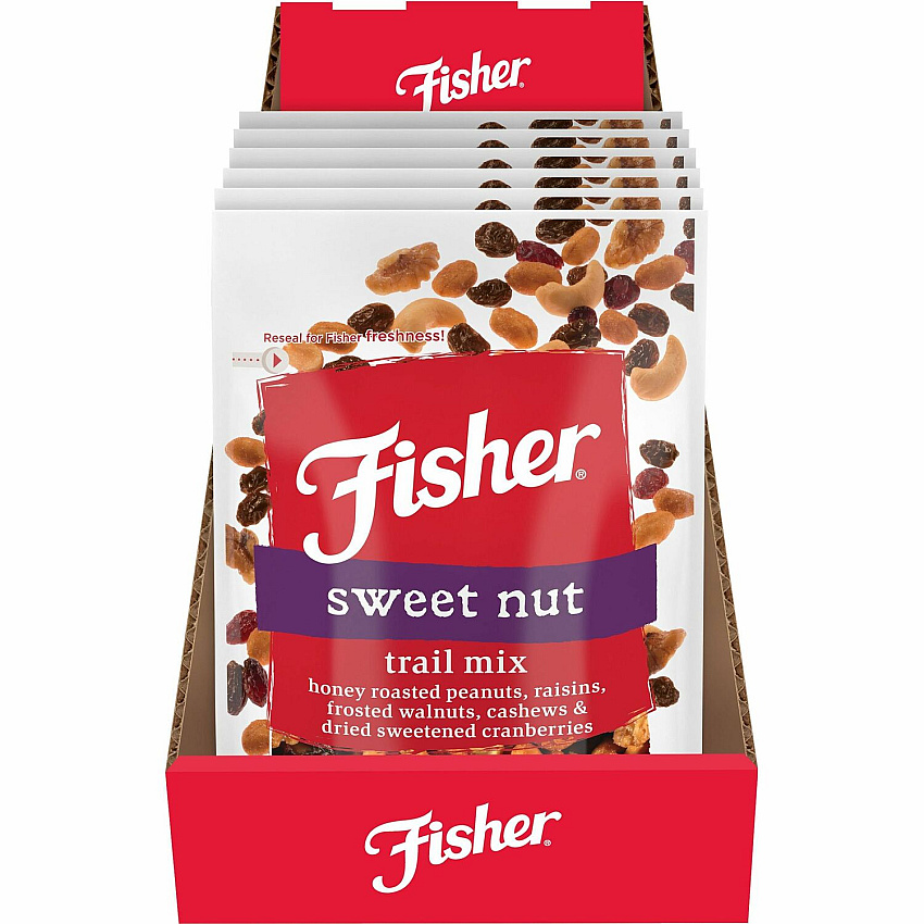 Fisher Sweet Nut Mix Resealable Bag - Honey Roasted Peanut, Raisin, Walnut, Cashew, Dried Cranberries - 1 Serving Bag - 4 oz - 6 / Carton (P27169)