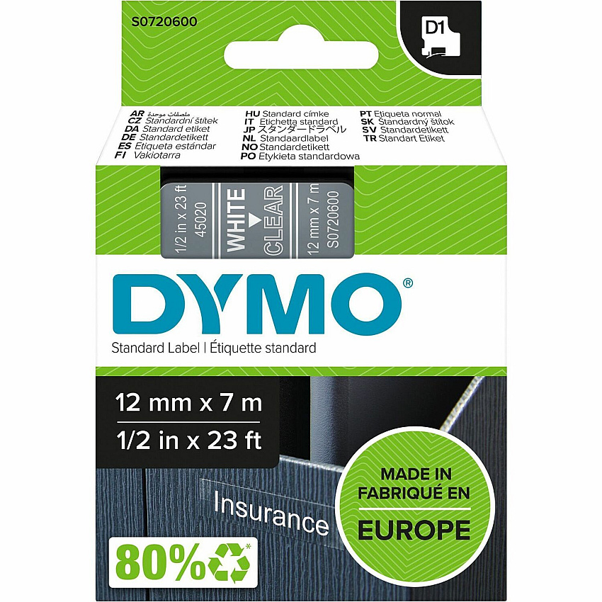 Dymo D1 Self Adhesive Tape Cassette 15/32" Width - Rectangle - Thermal Transfer - Glossy - Transparent, White - 1 Each (S0720600)