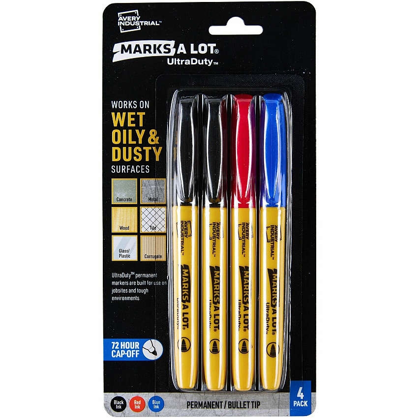 Avery UltraDuty Markers, Bullet Tip, 4 Assorted Markers 1 mm Bold Bullet Marker Point - Black, Red, Blue Ink - Polyester Tip - 4 / Pack (29848)