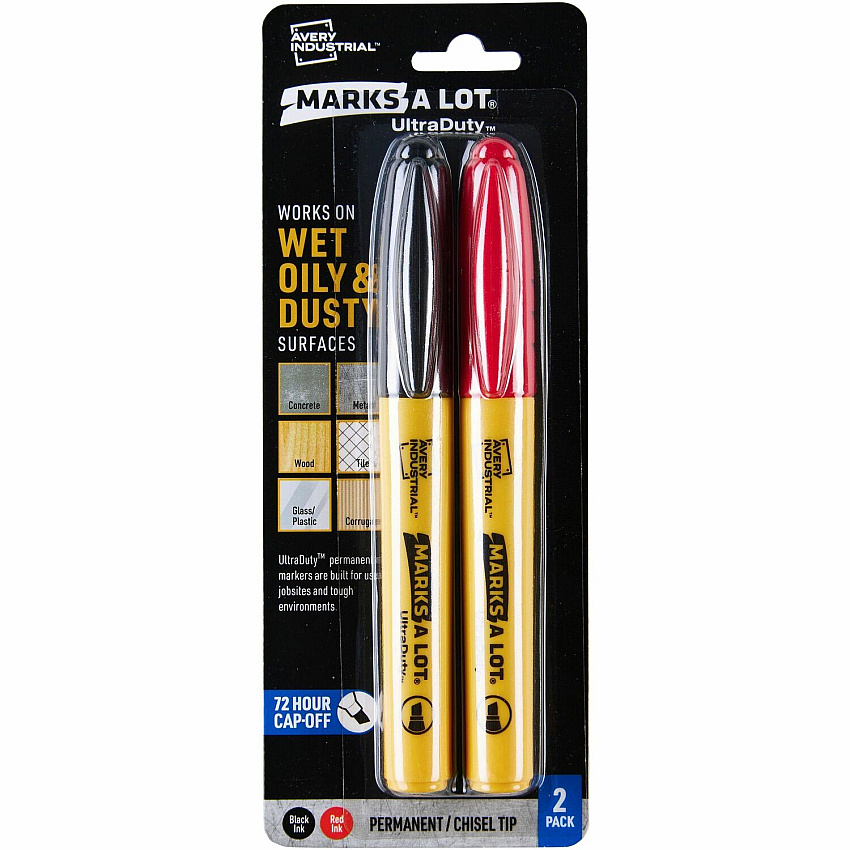Avery UltraDuty Markers, Chisel Tip, 2 Assorted Markers 5 mm Bold Chisel, Narrow Narrow Marker Point - Black, Red Ink - Polyester Tip - 2 / Pack (29863)