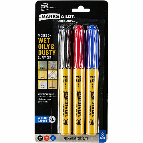 Avery UltraDuty Markers, Chisel Tip, 3 Assorted Markers 5 mm Bold Chisel, Narrow Narrow Bullet Marker Point - Black, Red, Blue Ink - Polyester Tip - 3 / Pack (29864)