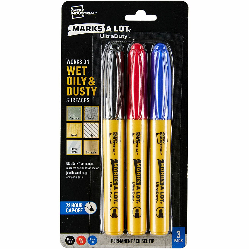 Avery UltraDuty Markers, Chisel Tip, 3 Assorted Markers 5 mm Bold Chisel, Narrow Narrow Bullet Marker Point - Black, Red, Blue Ink - Polyester Tip - 3 / Pack (29864)