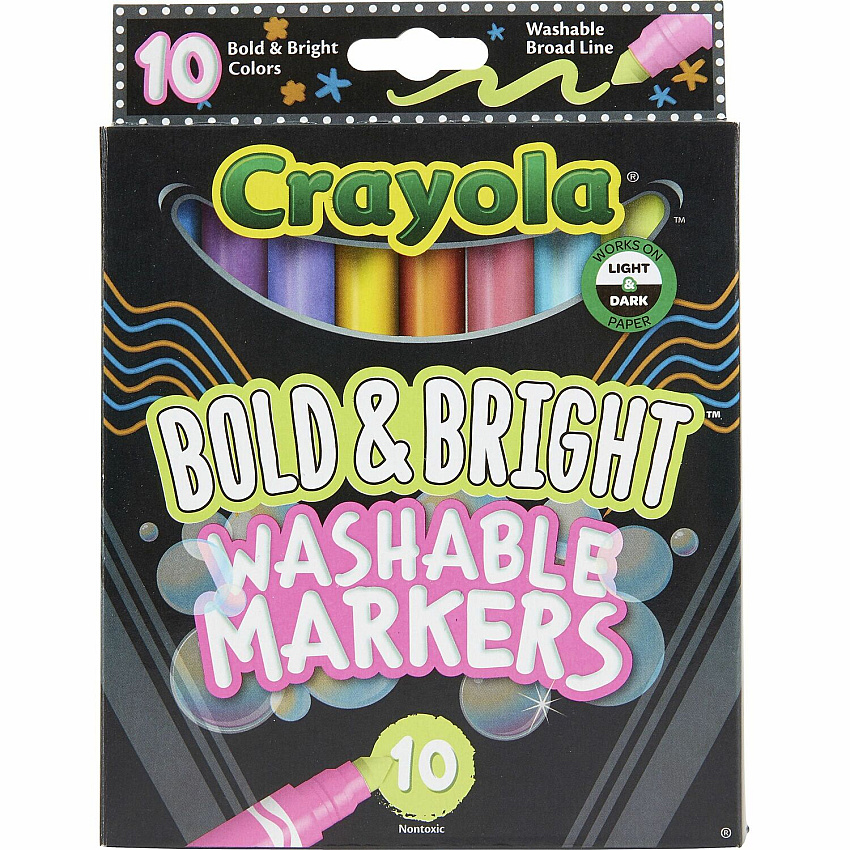 Crayola Bright/Bold Broad Line Markers Broad Conical Marker Point - Washable - Assorted Ink - Water Based - Assorted Barrel - 10 / Pack (587735)