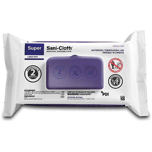 Super Sani-Cloth Germicidal Disposable Wipes, Large, 1-Ply, 8.2 x 9.8, Unscented, White, 80/Pack