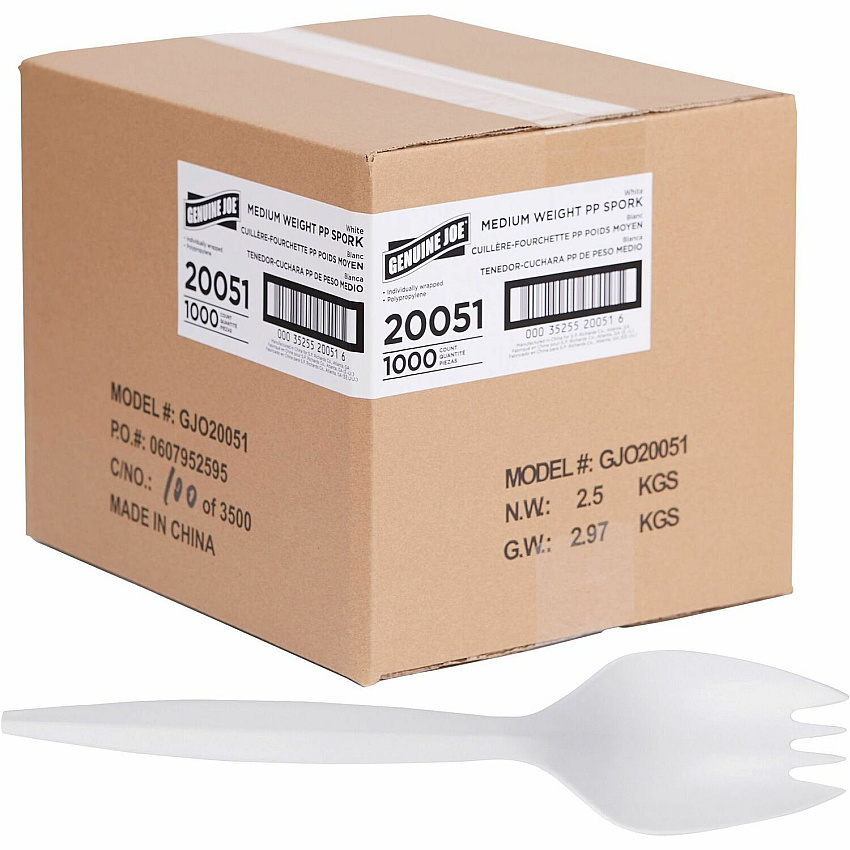 Genuine Joe Individually Wrapped Sporks Spork - Breakroom - Disposable - White - 1000 / Carton (GJO20051)
