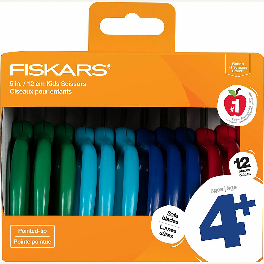 Fiskars 5" Pointed-tip Kids Scissors Safety Edge Blade - Pointed Tip - Assorted - 12 / Pack (1067002)
