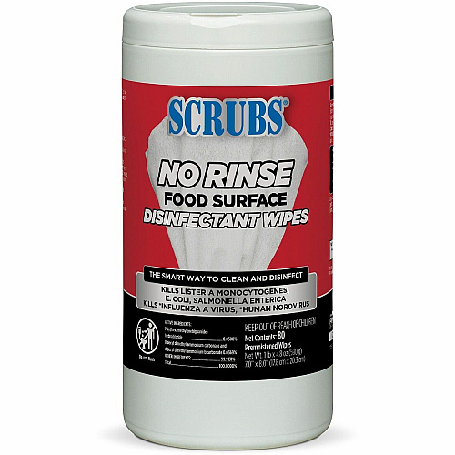 SCRUBS No Rinse Food Surface Disinfectant Wipes Ready-To-Use - 8" Length x 7" Width - Rinse-free, Pre-moistened, Water Soluble - Red - 80/Tub - 1 Each (97080)