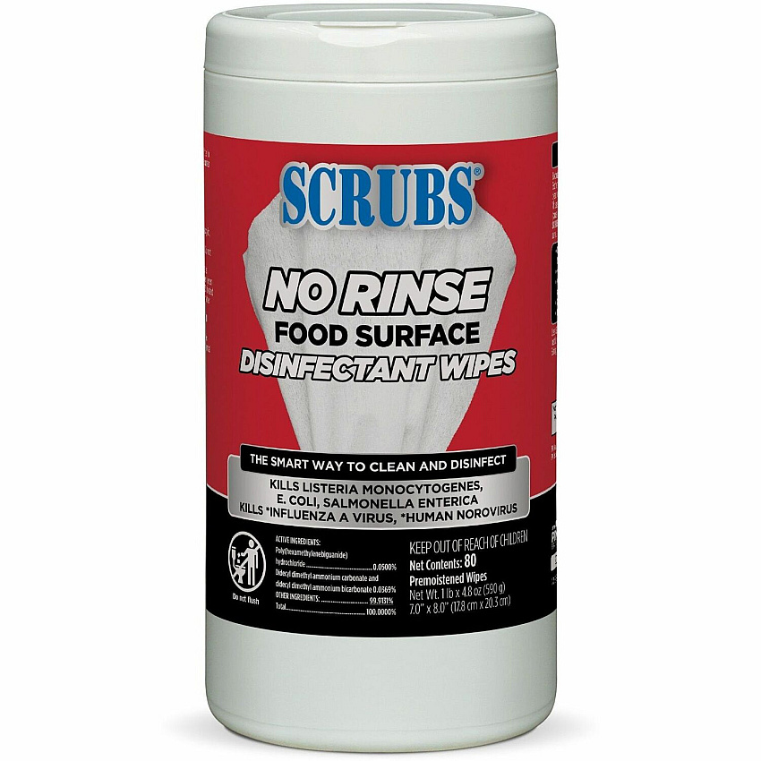 SCRUBS No Rinse Food Surface Disinfectant Wipes Ready-To-Use - 8" Length x 7" Width - Rinse-free, Pre-moistened, Water Soluble - Red - 80/Tub - 1 Each (97080)