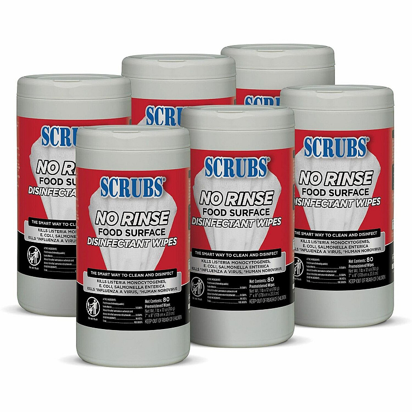 SCRUBS No Rinse Food Surface Disinfectant Wipes Ready-To-Use - Rinse-free - Red - 80/Tub - 6 / Carton (97080CT)