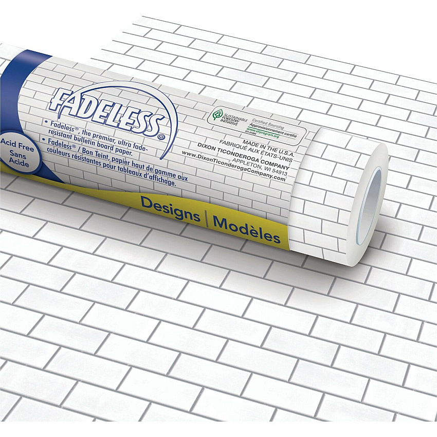Fadeless Bulletin Board Paper Rolls Classroom, Door, File Cabinet, School, Home, Office Project, Display, Table Skirting, Party, Decoration - 48" Width x 50 ft Length - White Subway Tile - Paper - 1 Roll (P0057505)