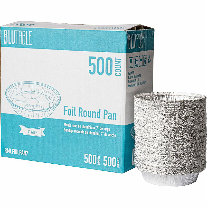BluTable 7" Round Foil Pans Food, Food Storage - 7" Diameter - Silver - Aluminum Body - Round - 500 / Carton (FOILPAN7)