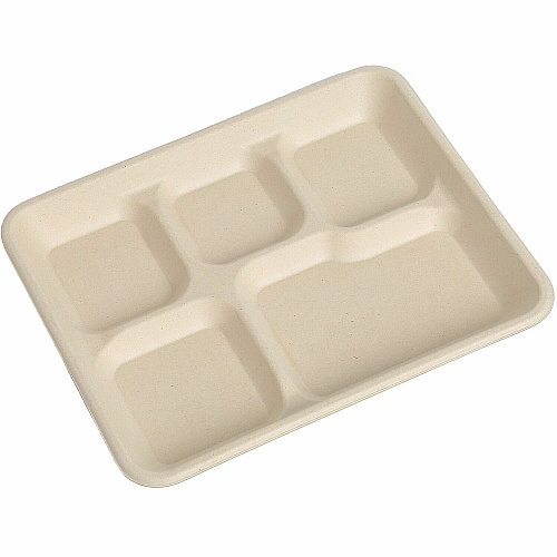 BluTable 8"x10" 5-Compartment Lunch Trays Food - Natural - Molded Fiber, Sugarcane Fiber Body - 500 / Carton (MF5C)