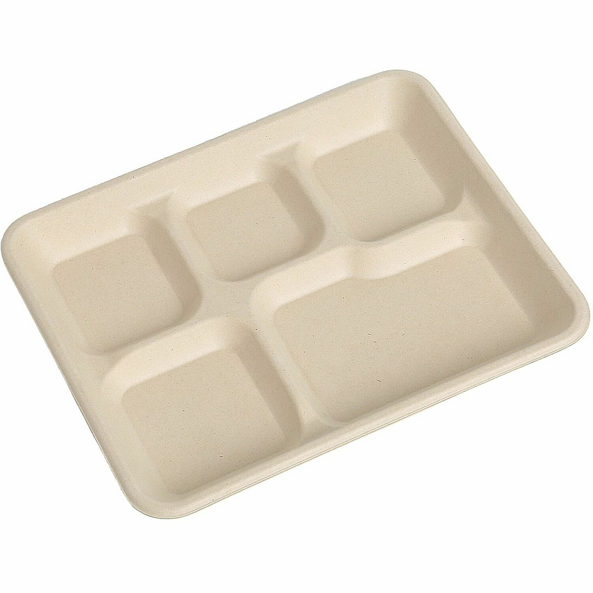 BluTable 8"x10" 5-Compartment Lunch Trays Food - Natural - Molded Fiber, Sugarcane Fiber Body - 500 / Carton (MF5C)