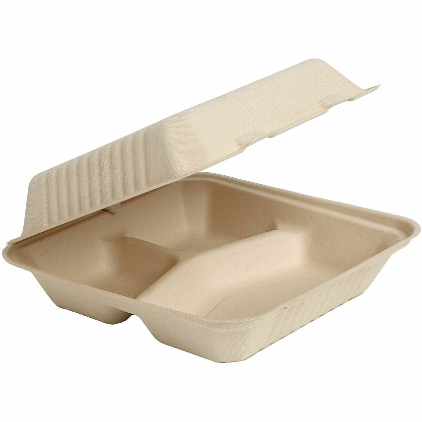 BluTable 39 oz 3-Compartment Portable Clamshell Containers Food - Natural - Molded Fiber, Sugarcane Fiber Body - 200 / Carton (MFHC93C)