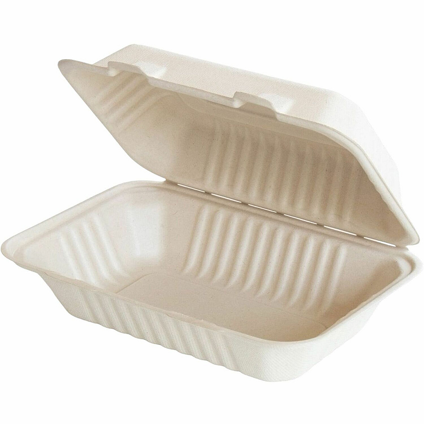 BluTable 27 oz Portable Clamshell Containers Food - Natural - Molded Fiber, Sugarcane Fiber Body - 250 / Carton (MFHC961C)