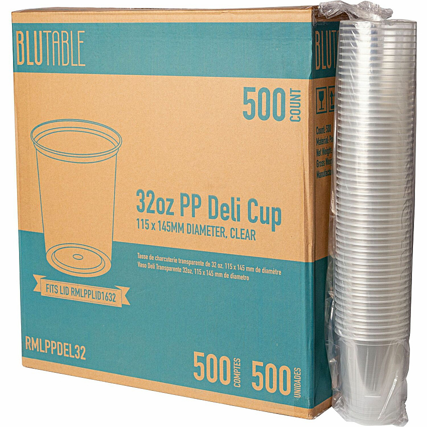 BluTable 32 oz Round Deli Tub Containers Food, Food Storage - Microwave Safe - Clear - Round - 500 / Carton (PPDEL32)