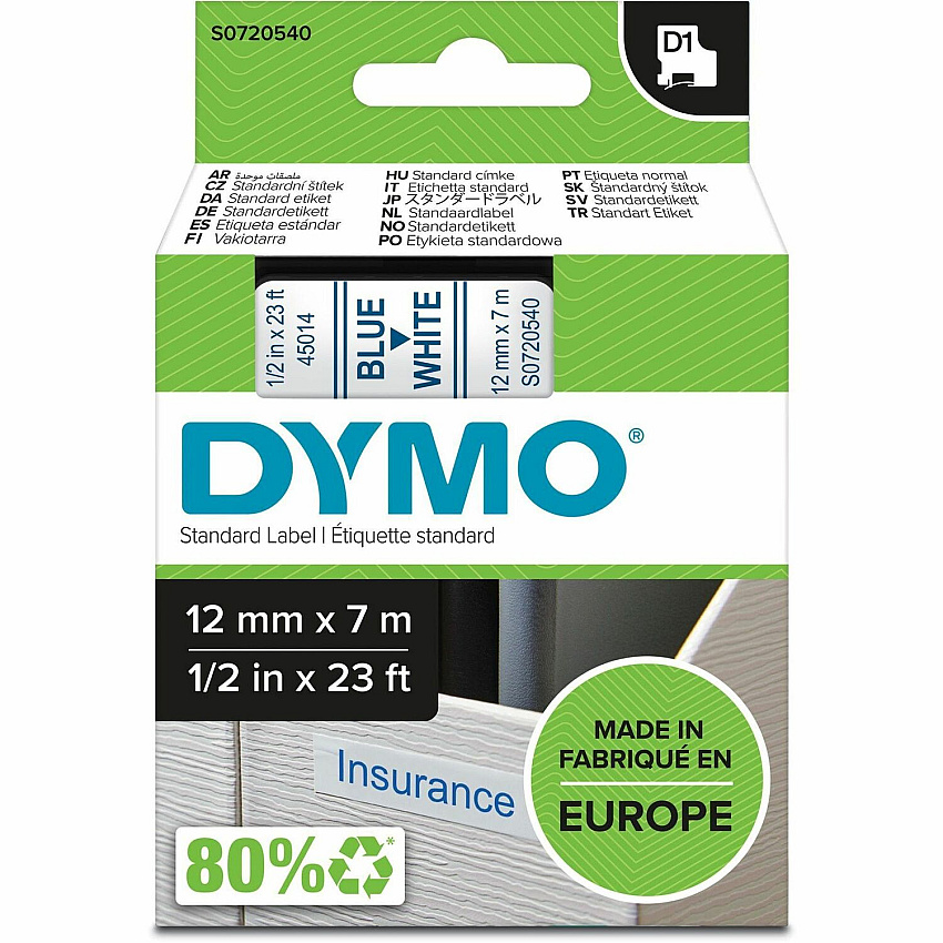 Dymo D1 Electronic Tape Cartridge 1/2" Width x 23 ft Length - Blue, White - Easy Peel, Durable - 1 Each (S0720540)