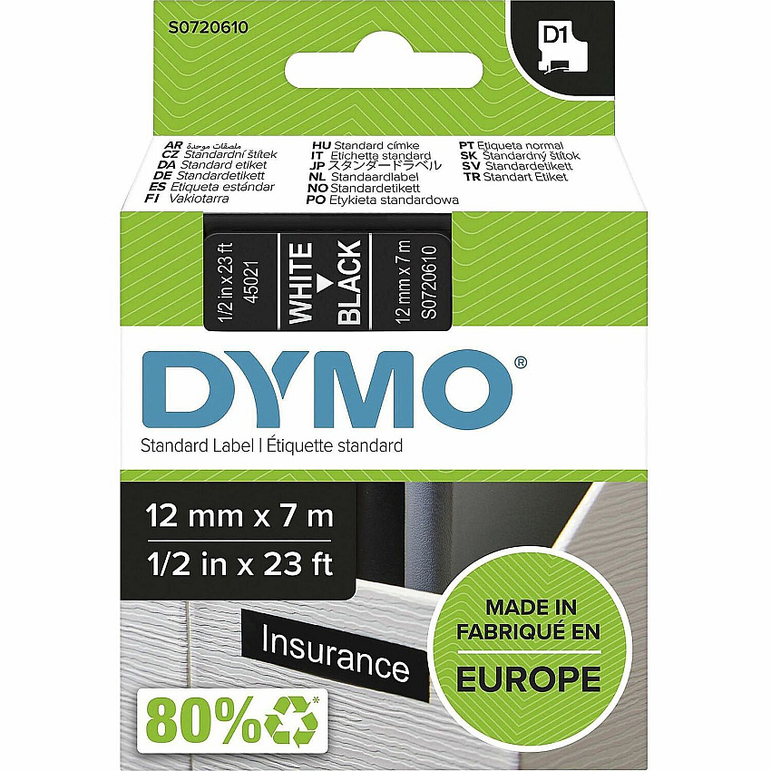 Dymo S0720610 D1 45021 Tape 12mm x 7m White on Black