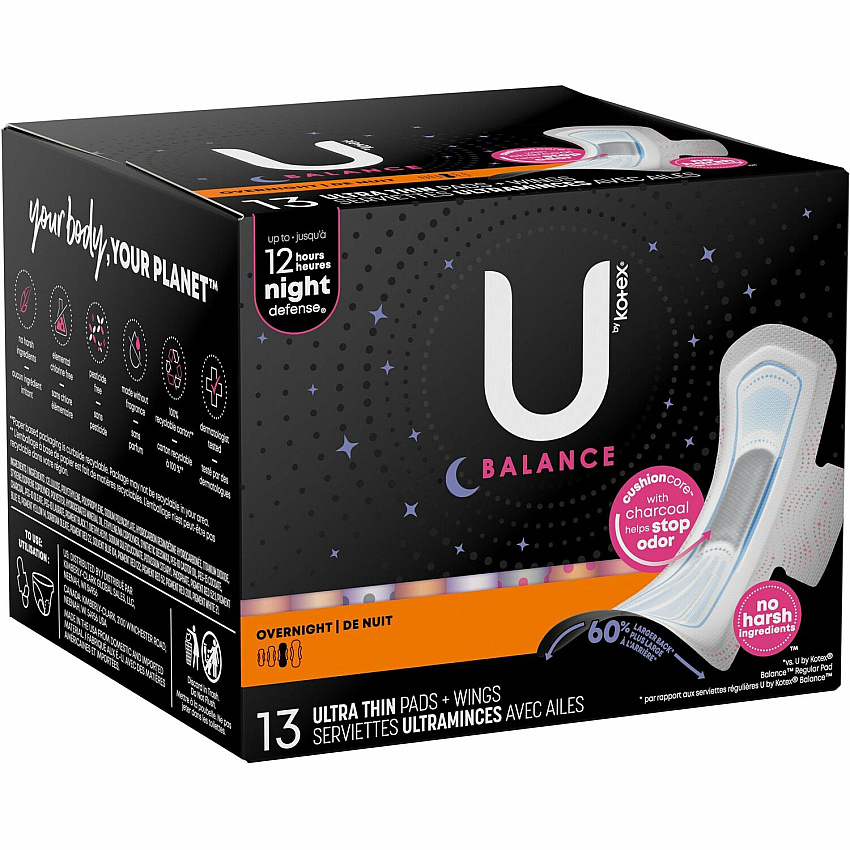 U by Kotex Ultra Thin Overnight Pads With Wings - Individually Wrapped, Anti-leak, Absorbent, Odor-absorbing - 13/Box - 1 Each (54912)