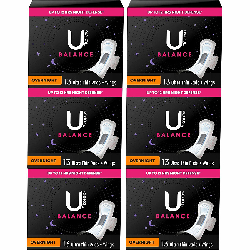 U by Kotex Ultra Thin Overnight Pads With Wings - Absorbent, Odor-absorbing, Individually Wrapped, Anti-leak - 13/Box - 6 / Carton (54912CT)